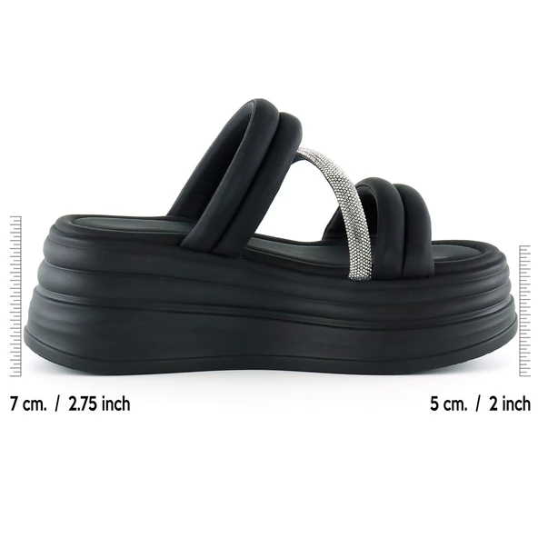 Erkan Saçmacı Siyah Dolgu Taban Gümüş Taşlı Bantlı Platform Terlik - 2