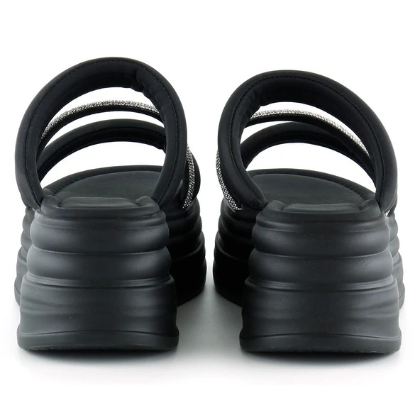 Erkan Saçmacı Siyah Dolgu Taban Gümüş Taşlı Bantlı Platform Terlik - 4