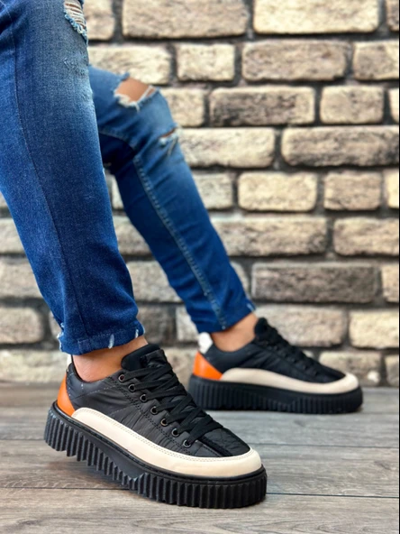 ET0801 Yüksek Taban Siyah Paraşüt Kumaş Turuncu Cilt Detaylı Erkek Ayakkabı - Resim 3