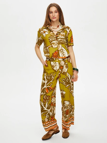 Faik Sönmez Desenli Geniş Paça Midi Kadın Pantolon - Bohemian Tarz - Resim 5