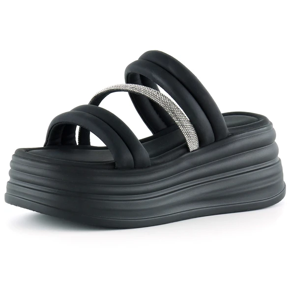 Erkan Saçmacı Siyah Dolgu Taban Gümüş Taşlı Bantlı Platform Terlik