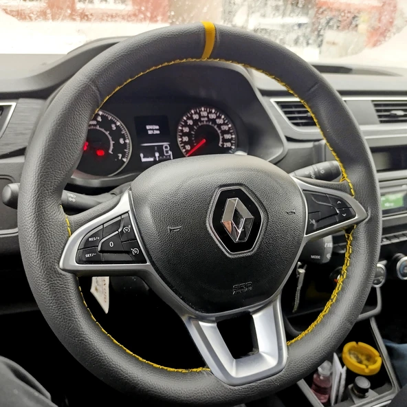 DİKİŞLİ DİREKSİYON KILIFI SİYAH DERİ SARI YÜZÜK SARI DİKİŞLİ RENAULT EXPRESS İÇİN - 2