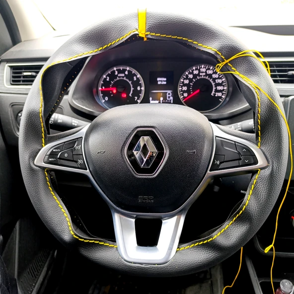 DİKİŞLİ DİREKSİYON KILIFI SİYAH DERİ SARI YÜZÜK SARI DİKİŞLİ RENAULT EXPRESS İÇİN - 3