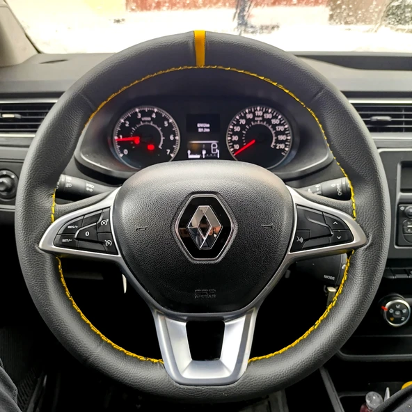 DİKİŞLİ DİREKSİYON KILIFI SİYAH DERİ SARI YÜZÜK SARI DİKİŞLİ RENAULT EXPRESS İÇİN - 1