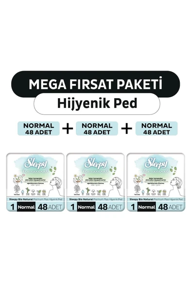 Sleepy Bio Natural Premium Plus Hijyenik Ped Mega Fırsat Paketi Normal 144 Adet ürün görseli