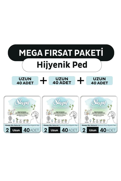 Sleepy Bio Natural Premium Plus Hijyenik Ped Mega Fırsat Paketi Uzun 120 Adet ürün görseli