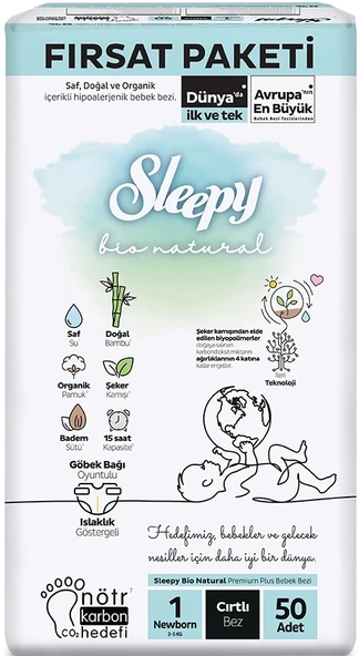 Sleepy Bebek Bezi Bio Natural Beden:1 (2-5KG) Yeni Doğan Newborn 50 Adet Fırsat Pk