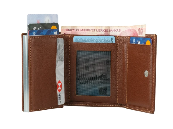Bagacar Camel Bozuk Para Bölmeli Çıtçıtlı Hakiki Deri Mekanizmalı Kartlık Cüzdan - 3