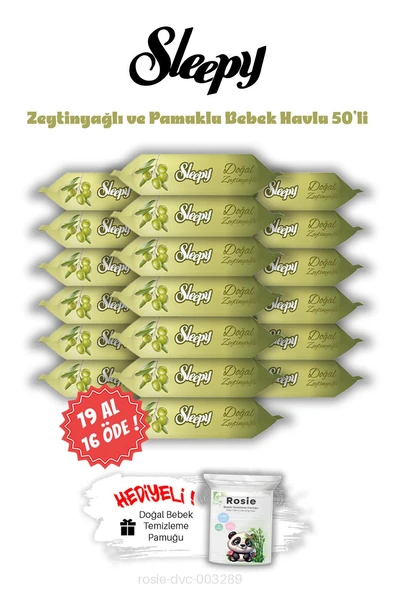 19 AL 16 ÖDE Sleepy Zeytinyağ ve Pamuk Islak Bebek Mendil 50'li ve ROSIE