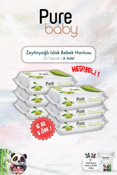 6 AL 5 ÖDE Pure Baby 50'li Zeytinyağlı Islak Bebek Havlusu ve ROSIE
