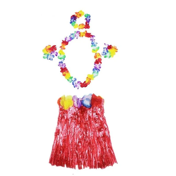 Luau Aloha Hawaii Kolye Etek Taç ve Bileklik Seti Kırmızı