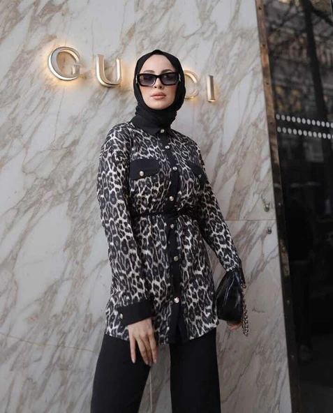 Buse Kadın Kahverengi Leopar İspanyol Paça Desenli Saten İkili Takım BUSE-5109 - 2