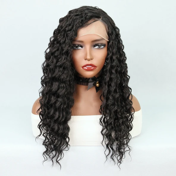 Siyah Yoğun Dalgalı Orta Boy Fiber Sentetik Tül Peruk - Resim 2