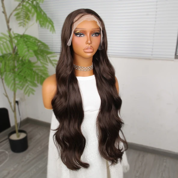 Koyu Kumral Fiber Sentetik Tül Peruk - Resim 3