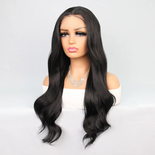 Siyah Uzun Hafif Dalgalı Fiber Sentetik Tül Peruk - Resim 3