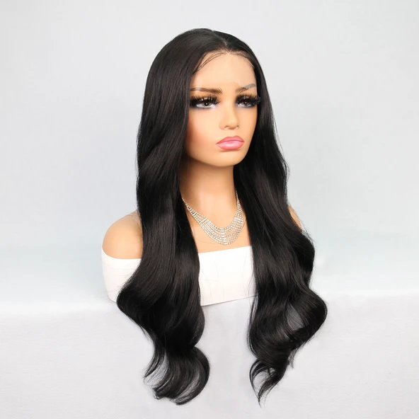 Siyah Uzun Hafif Dalgalı Fiber Sentetik Tül Peruk - Resim 2