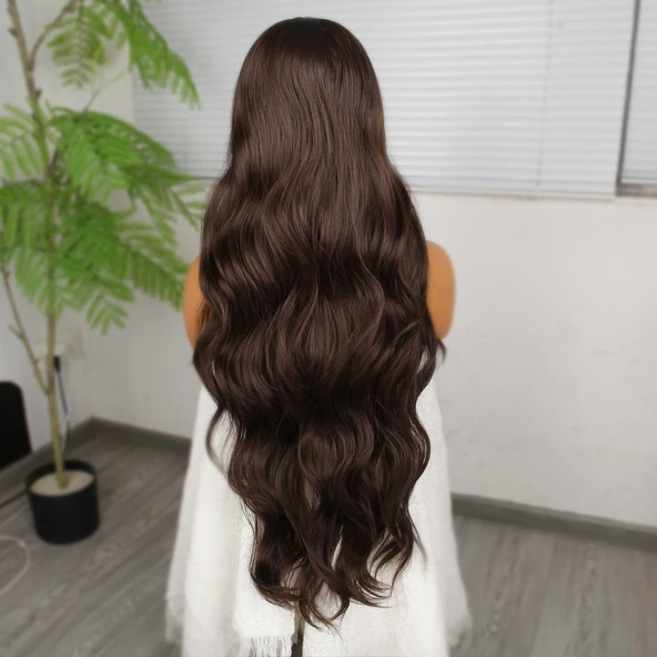 Koyu Kumral Fiber Sentetik Tül Peruk - Resim 5