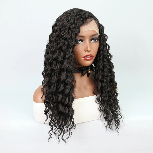 Siyah Yoğun Dalgalı Orta Boy Fiber Sentetik Tül Peruk - Resim 3