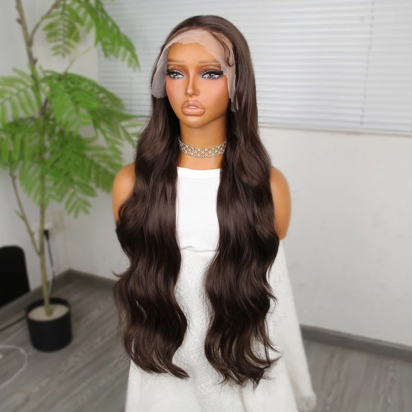 Koyu Kumral Fiber Sentetik Tül Peruk - Resim 4