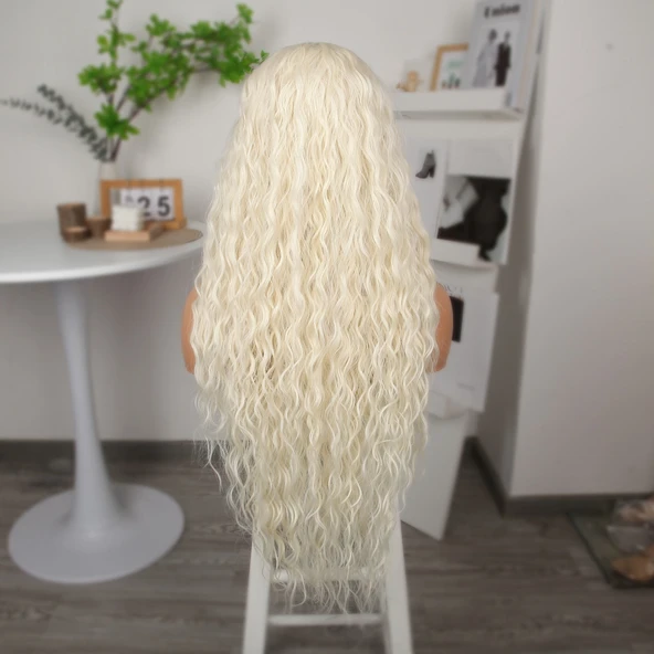 Platin Uzun Afro Dalga Fiber Sentetik Tül Peruk - 5