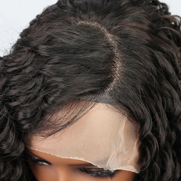 Siyah Yoğun Dalgalı Orta Boy Fiber Sentetik Tül Peruk - Resim 5