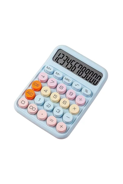 12 Haneli Geniş LCD Ekran Yuvarlak Düğme Sevimli Şeker Renkli Hesap Makinesi Mavi - 2
