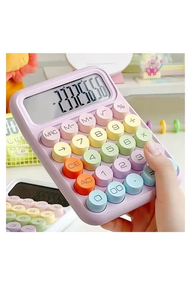 12 Haneli Geniş LCD Ekran Yuvarlak Düğme Sevimli Şeker Renkli Hesap Makinesi Mor - 2
