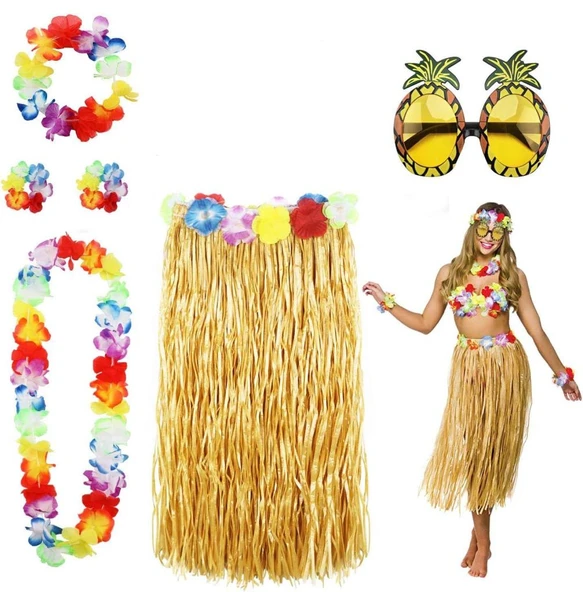 Hawaii Parti Kostüm Seti - 60 cm Hasır Etek, Çiçekli Aksesuarlar ve Ananas Gözlük