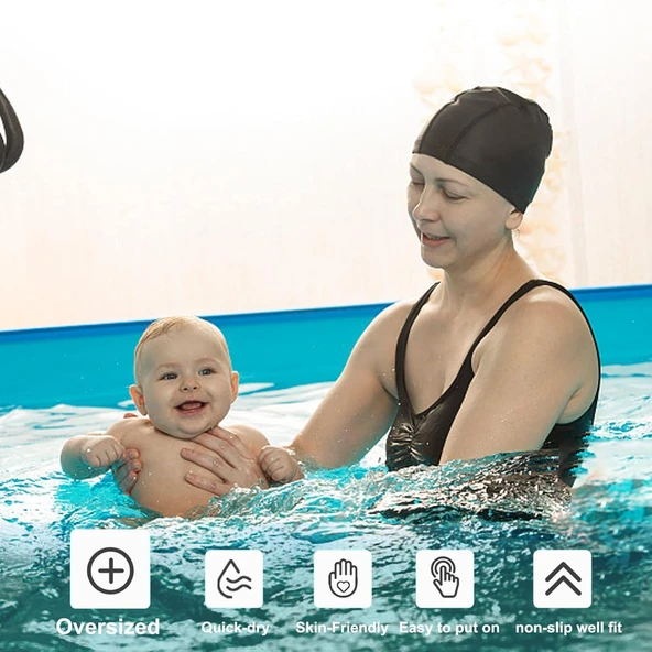 2 Adet Siyah Likralı Bez Bone Havuz Bonesi Deniz Yüzücü Bonesi (Tüm Yaşlara Uygun) - 4