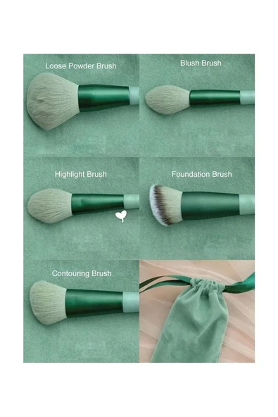13 Parça Makyaj Fırça Seti Taşınabilir Kılıflı Profesyonel Makyaj Güzellik Seti Yeşil - 13