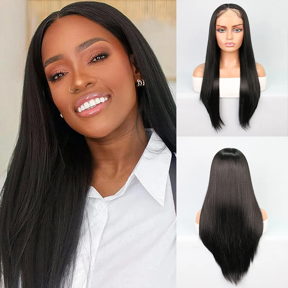 Fiber Sentetik Siyah Düz Tül Peruk ürün görseli 1