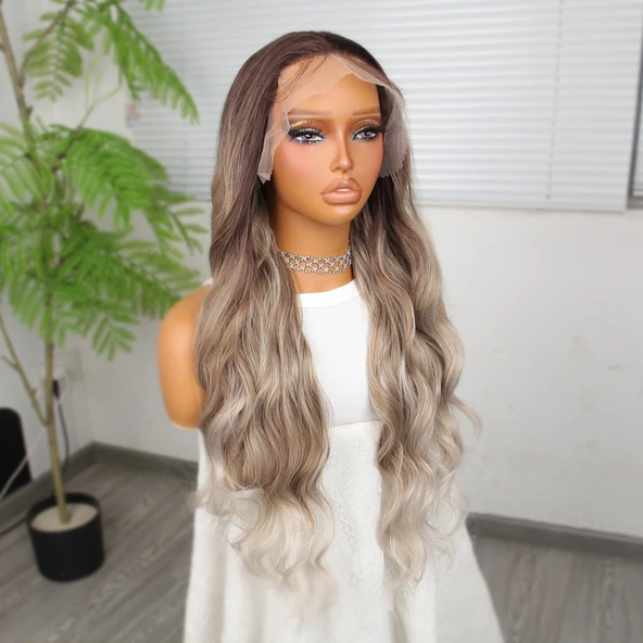 Rus Kumralı Beyaz Platin Ombreli ve Röfleli Tül Peruk - Resim 3