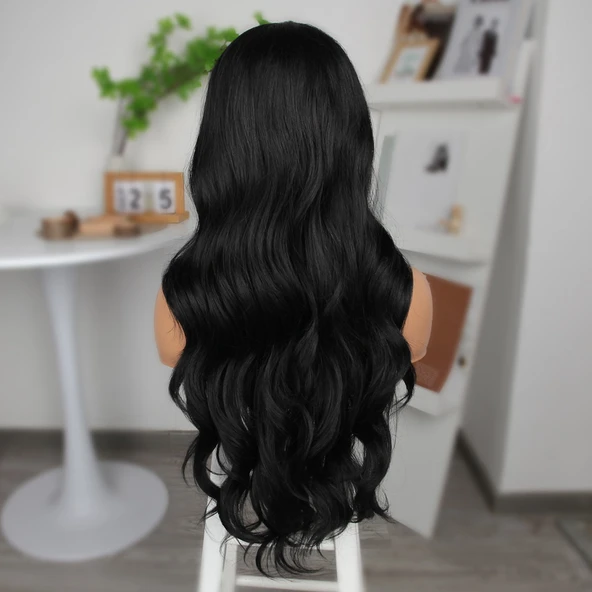 Siyah Fiber Sentetik Geniş Dalgalı Tül Peruk - Resim 5
