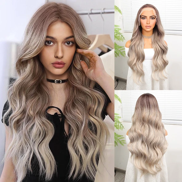 Rus Kumralı Beyaz Platin Ombre  ve Röfleli Fiber Sentetik Geniş Dalgalı Tül Peruk ürün görseli 1