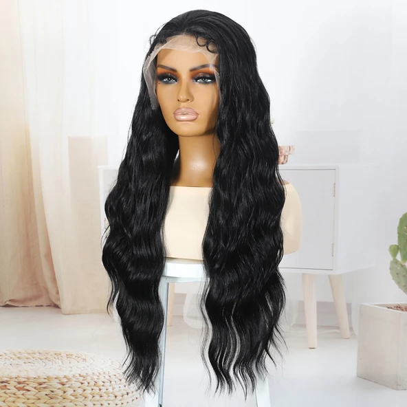 Siyah Bebek Saçlı Fiber Sentetik Tül Peruk - Resim 4