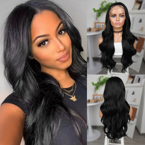 Siyah Fiber Sentetik Geniş Dalgalı Tül Peruk ürün görseli 1