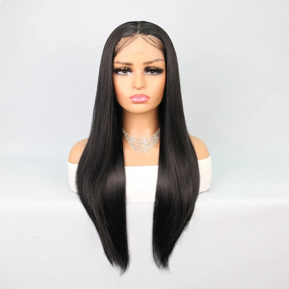 Fiber Sentetik Siyah Düz Tül Peruk - Resim 2