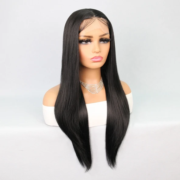 Fiber Sentetik Siyah Düz Tül Peruk - Resim 3