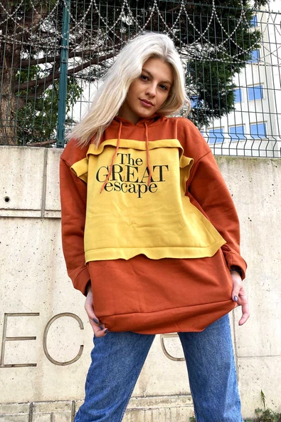 Nisanca Uzun Kollu Collage Unisex Turuncu Oversize Sweatshirt