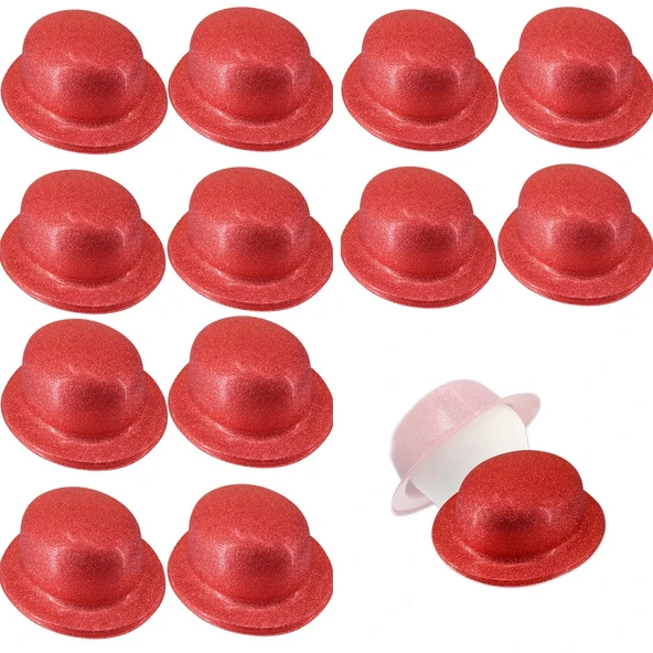 Kırmızı Renk Simli Melon Yuvarlak Parti Şapkası 12 Adet
