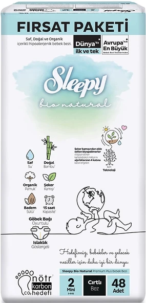 Sleepy Bebek Bezi Bio Natural Beden:2 (3-6KG) Mini 48 Adet Fırsat Pk