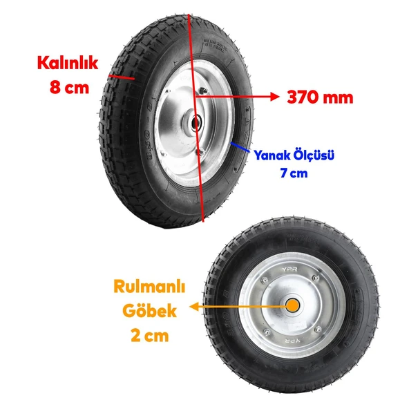 Havalı Dublex El Arabası Yük Taşıma Tekeri Siboplu Bilyeli Rulmanlı 370x80 mm Çelik Jant Tekerlek - 3