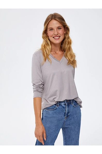 Faik Sönmez Kadın V Yaka Oversize Uzun Kol T-Shirt - Minimalist - 11