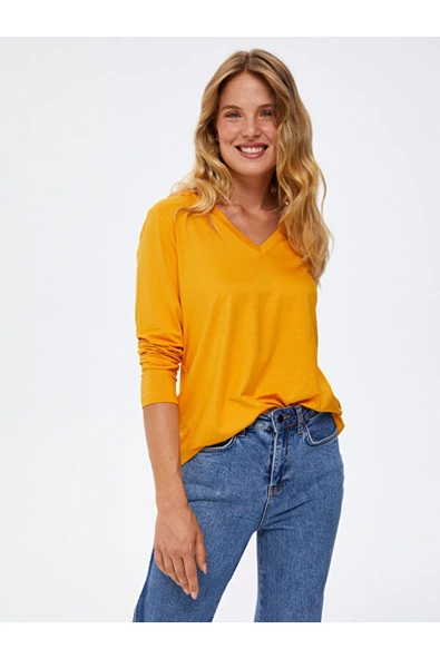 Faik Sönmez Kadın V Yaka Oversize Uzun Kol T-Shirt - Minimalist - 7