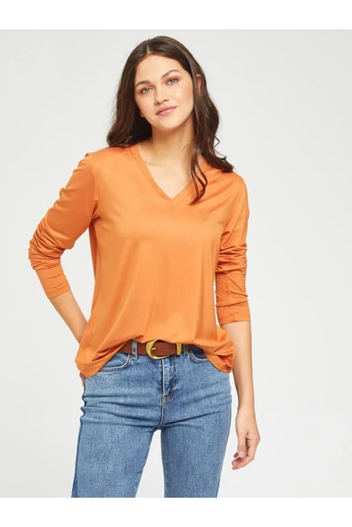 Faik Sönmez Kadın V Yaka Oversize Uzun Kol T-Shirt - Minimalist - 4