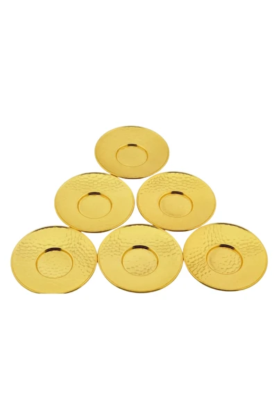 Metal 6 Kişilik Altın Renkli Dövme Yuvarlak Çay Tabağı - 2