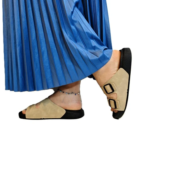 Pierre Cardin 7410 Krem Çift Tokalı Yumuşak Taban Rahat Terlik - Resim 5