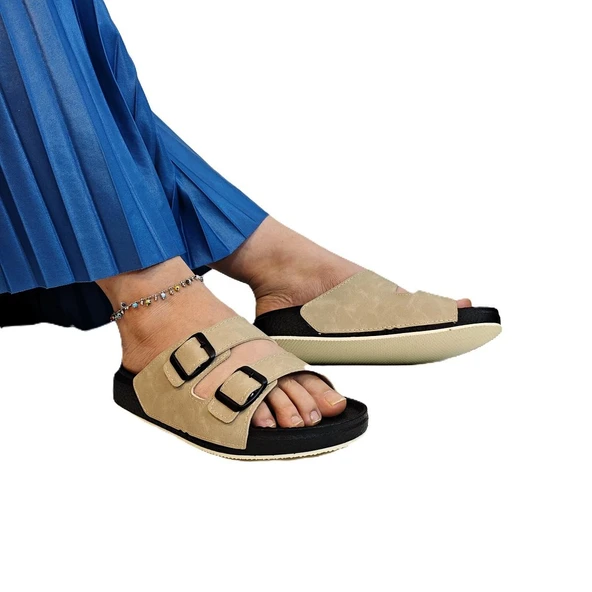 Pierre Cardin 7410 Krem Çift Tokalı Yumuşak Taban Rahat Terlik - Resim 4