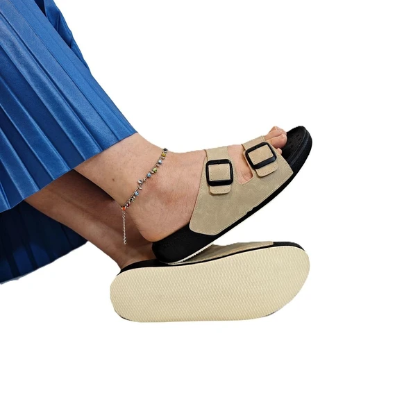 Pierre Cardin 7410 Krem Çift Tokalı Yumuşak Taban Rahat Terlik - Resim 3