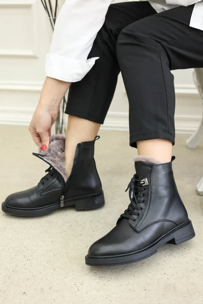 Hakiki Deri Kürklü  Kadın Klasik Bot 916KZA3798 - Resim 5